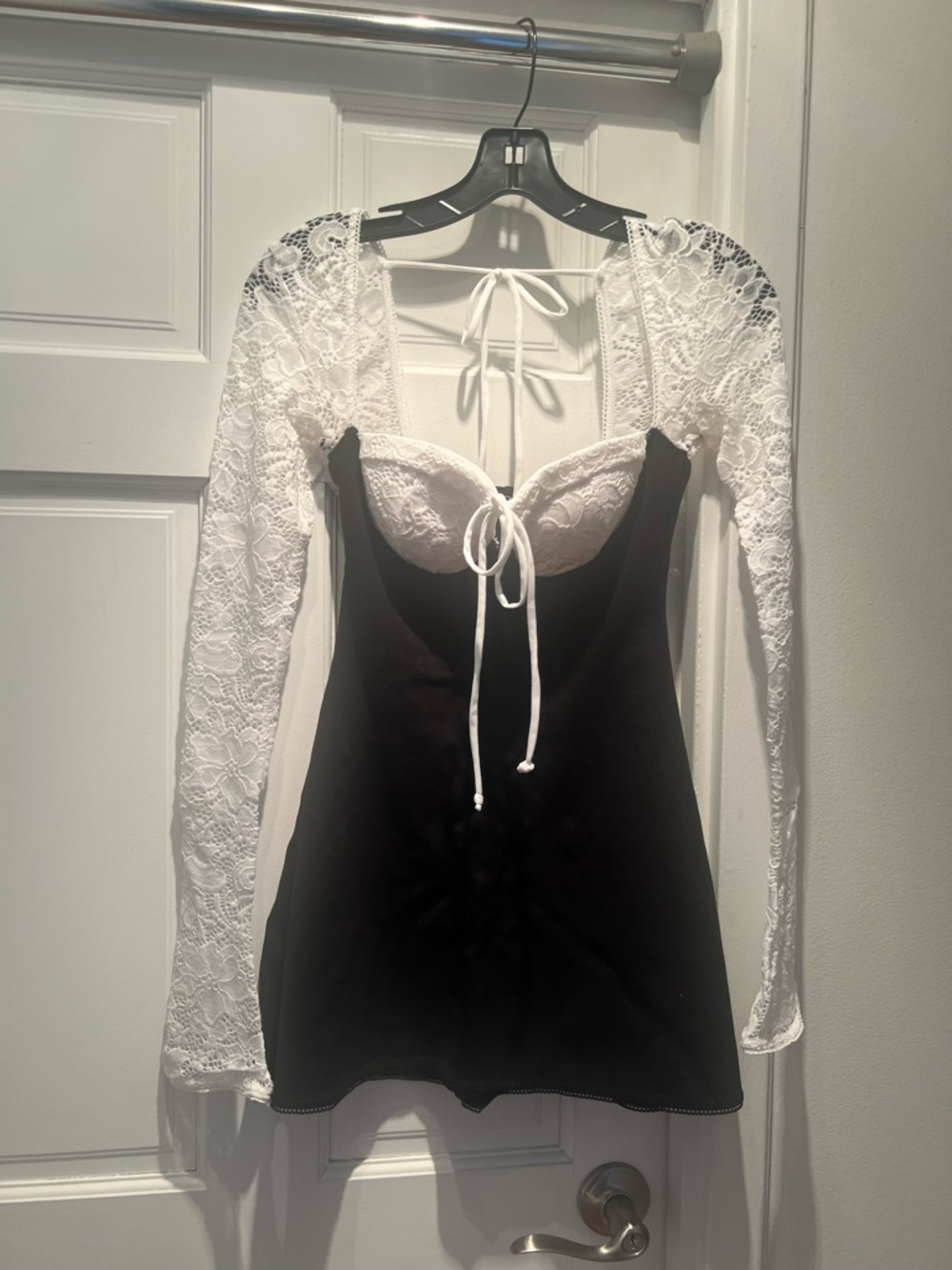 Fashion Nova Black and White Lace Long Sleeve Mini Dress